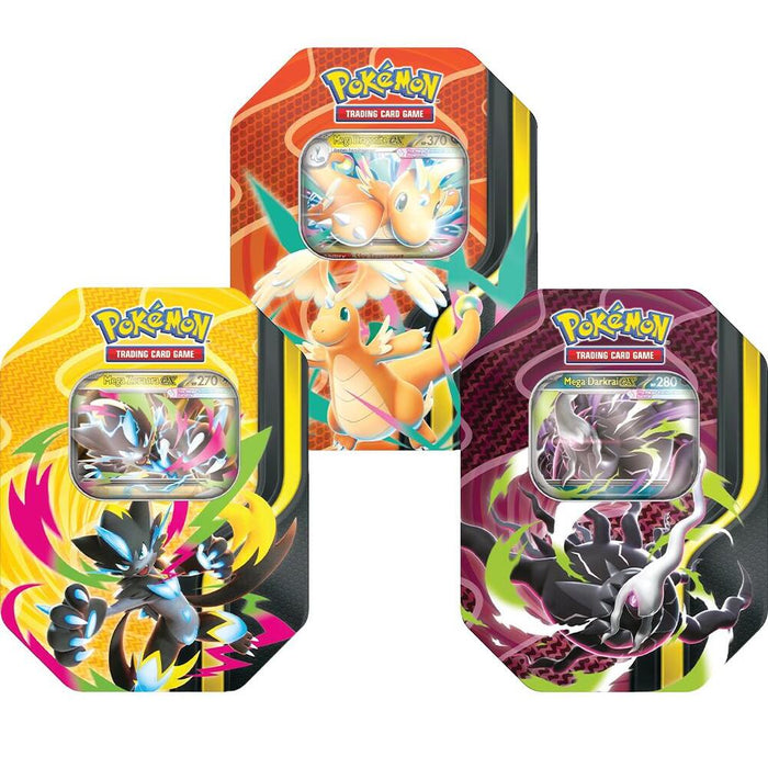 Precomanda Pokemon TCG - Fall Tin (set de 3 Mega Darkrai ex, Mega Dragonite ex & Mega Zeraora ex.)