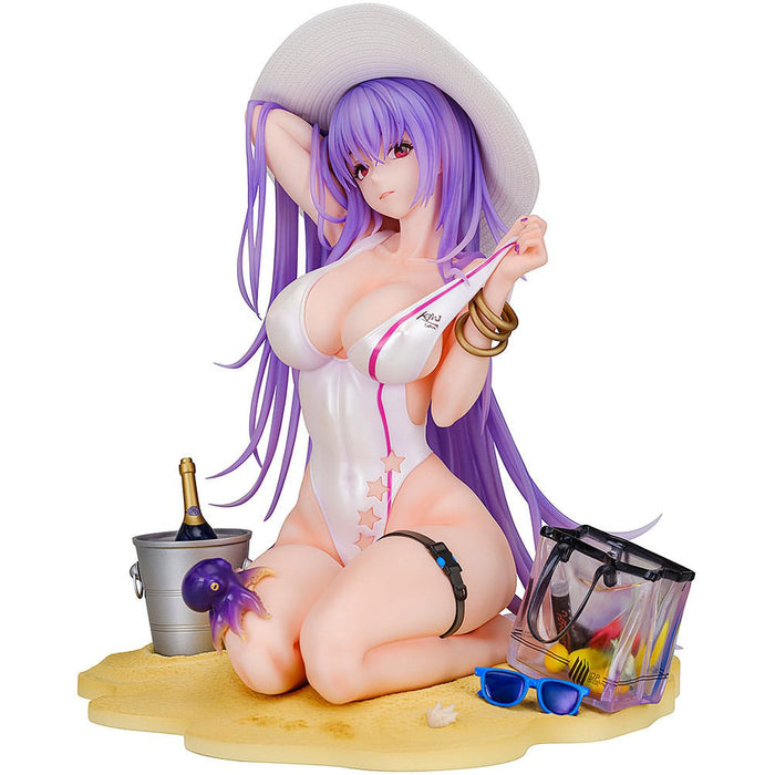 Figurine of a character with purple hair and a white outfit on a white background