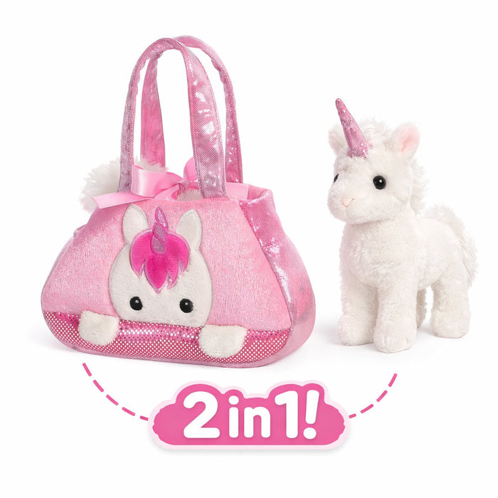 Set geanta pentru copii cu jucarie de plus Fancy Pals, 2 in 1 - Unicorn alb, Geanta roz, 20 cm