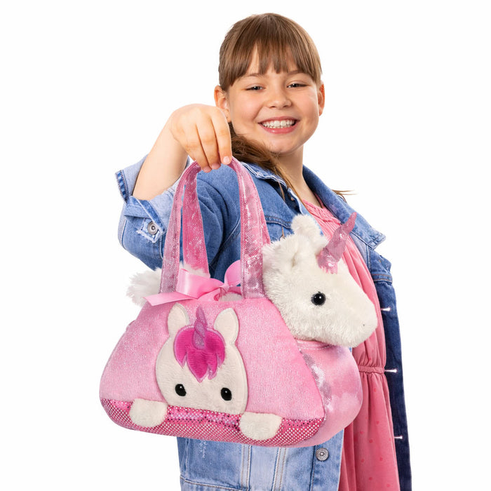 Set geanta pentru copii cu jucarie de plus Fancy Pals, 2 in 1 - Unicorn alb, Geanta roz, 20 cm