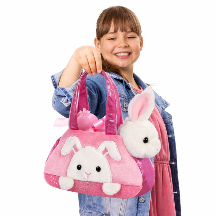 Set geanta pentru copii cu jucarie de plus Fancy Pals, 2 in 1 - Iepure alb, Geanta roz, 20 cm