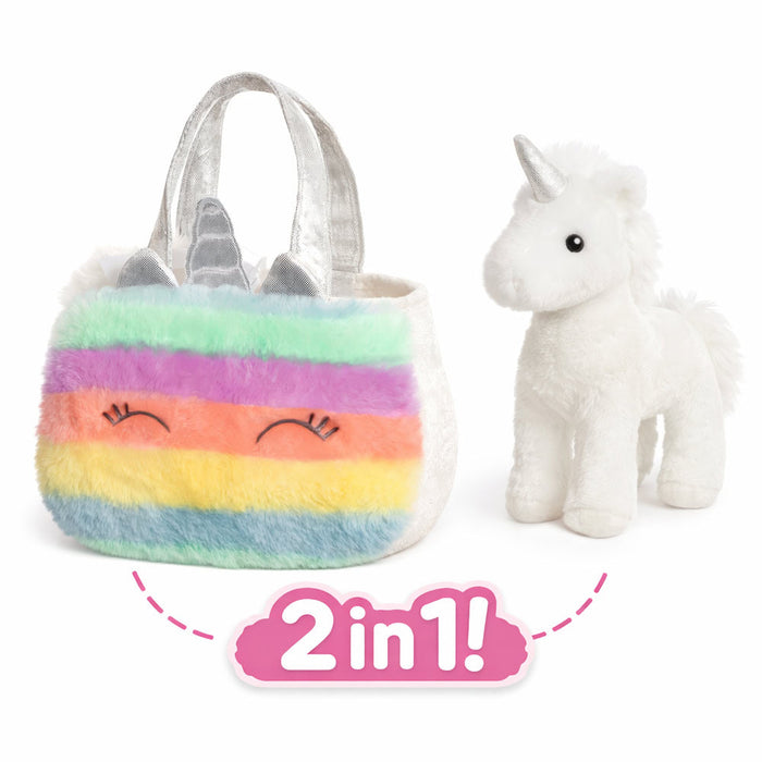 Set geanta pentru copii cu jucarie de plus Fancy Pals, 2 in 1 - Unicorn alb, Geanta multicolorata, 20 cm