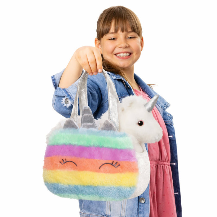 Set geanta pentru copii cu jucarie de plus Fancy Pals, 2 in 1 - Unicorn alb, Geanta multicolorata, 20 cm