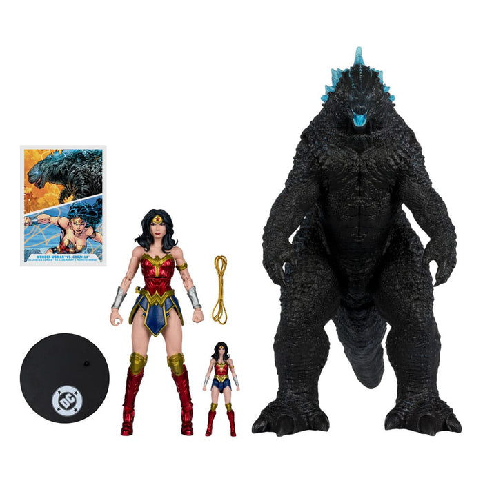 Set 2 Figurine Articulate DC Justice League Monsterverse DC Multiverse - Wonder Woman Vs Atomic Blast Godzilla 18 cm