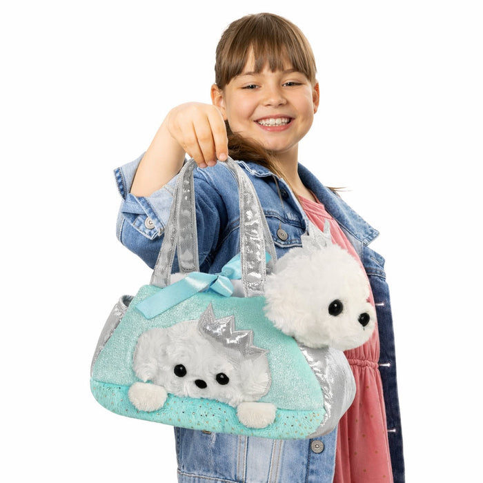 Set geanta pentru copii cu jucarie de plus Fancy Pals, 2 in 1 - Catel alb, Geanta multicolorata, 20 cm