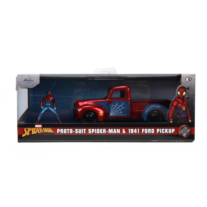 Set Jada Marvel Masinuta Metalica Ford Pick Up Scara 1:32 si Figurina Metalica Spider Man