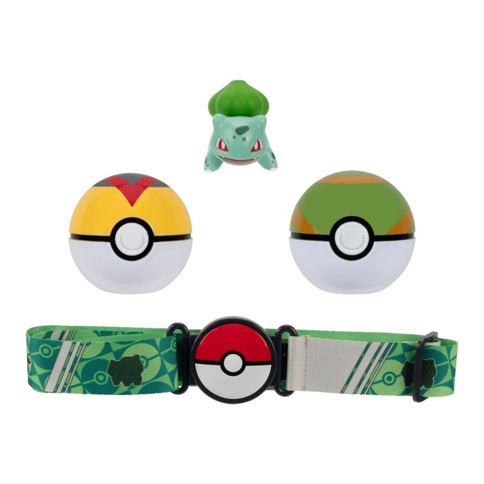 Set figurina si centura Pokemon Clip n Go, Bulbasaur 01 with Level Ball, Nest Ball and Bulbasaur Themed Belt W16