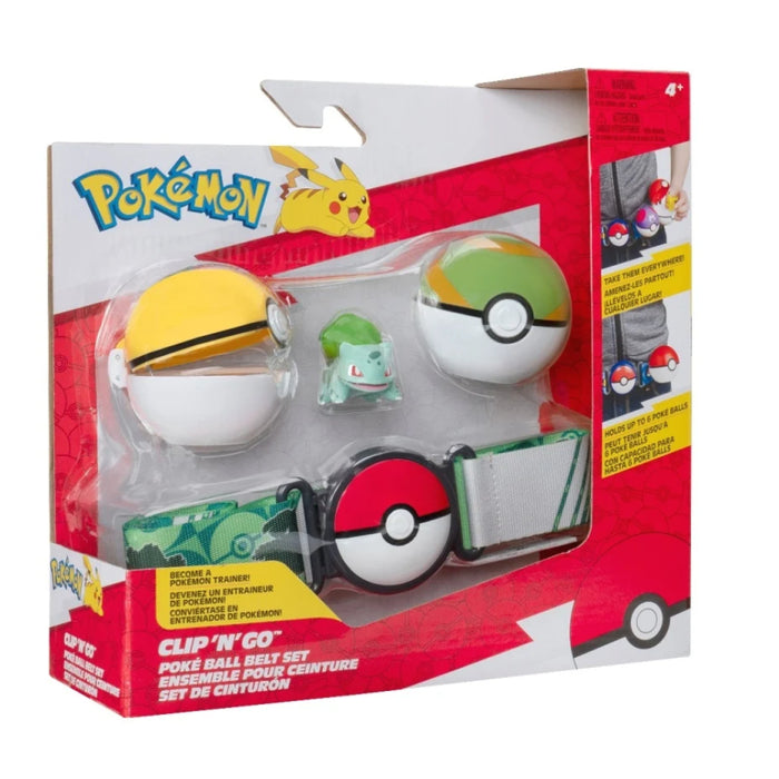 Set figurina si centura Pokemon Clip n Go, Bulbasaur 01 with Level Ball, Nest Ball and Bulbasaur Themed Belt W16