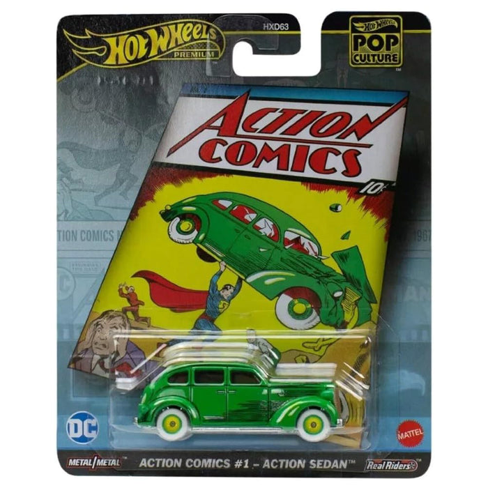 Masinuta Metalica Hot Wheels Premium Diecast Vehicles 1/64 Pop Culture 979F - Action Sedan (Action Comics 01)