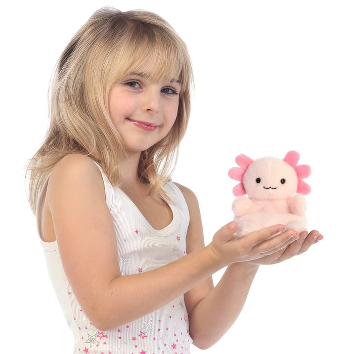 Jucarie de plus de tinut in palma Aurora Palm Pals - Axolotl roz, 13 cm