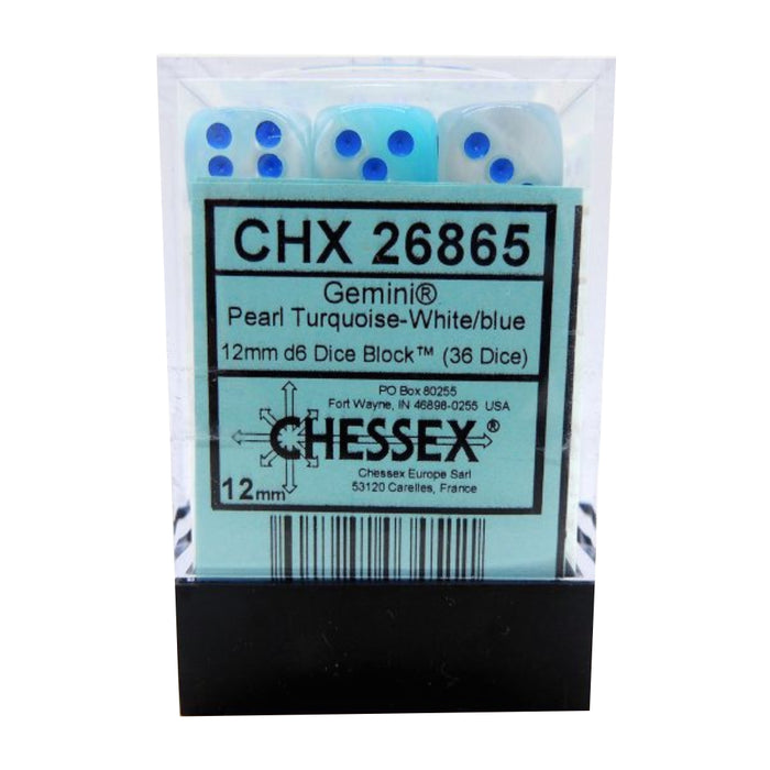 Set 36 Zaruri Gemini 12mm d6 Pearl Turquoise-White/blue Luminary