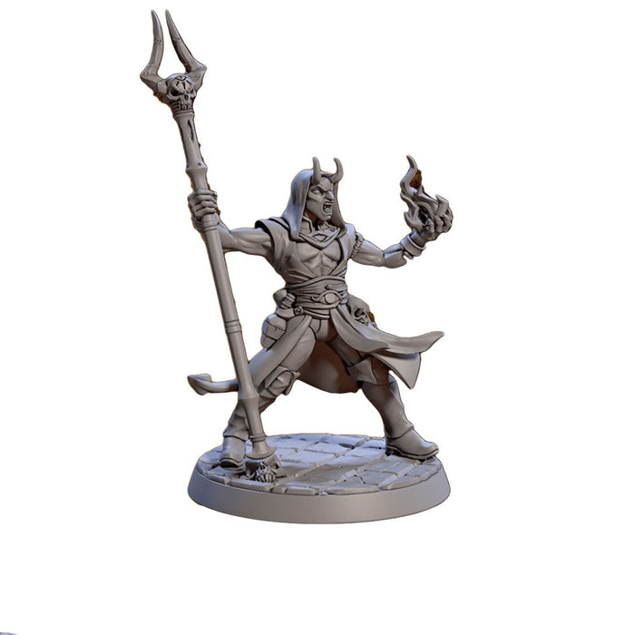 Miniatura Nepictata Elemental Beacon - Mezzalfiend Trickster C (with hood, horned staff and flame bolt) - Red Goblin
